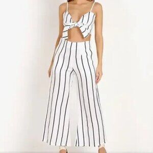 Faithfull The Brand Women's Linen Pant and top White Blue Stripe Size xs set